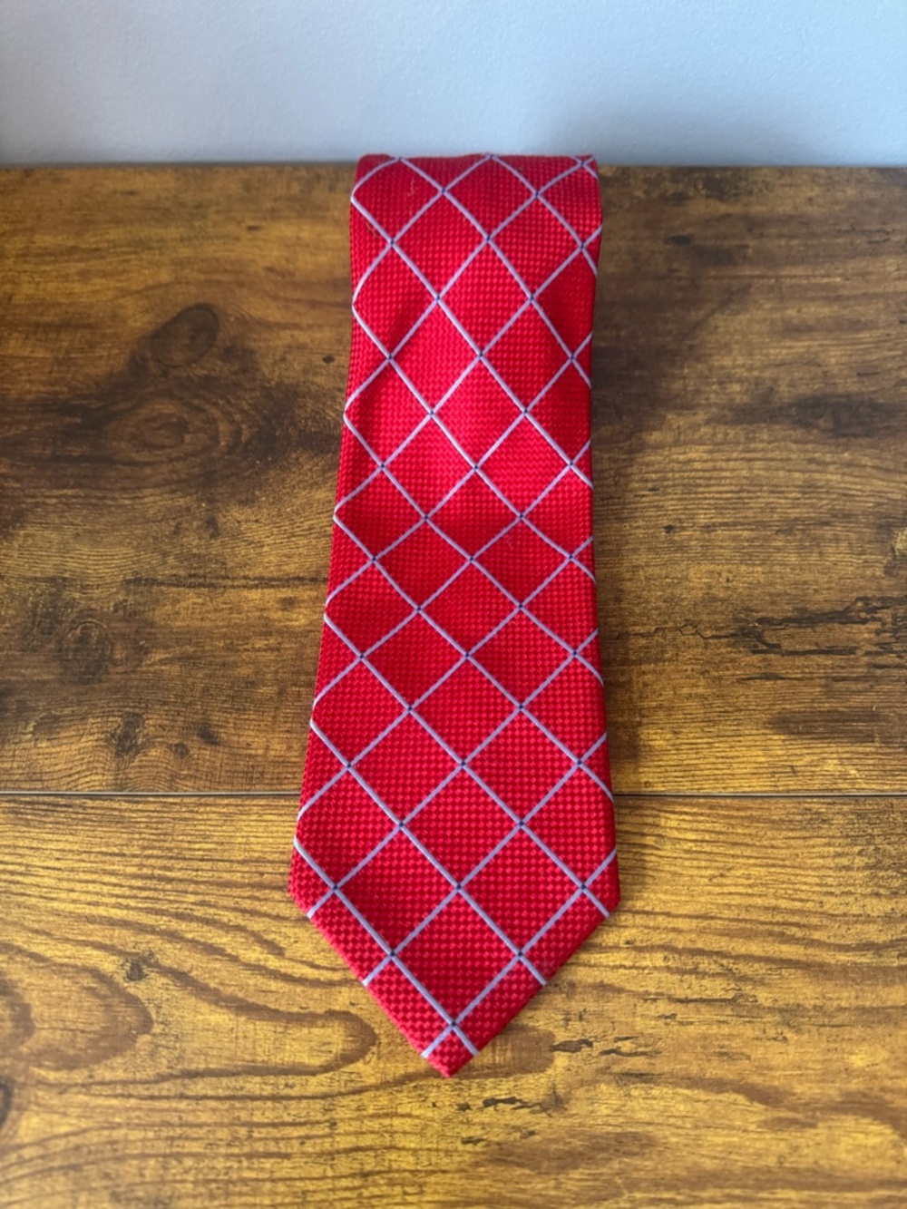 Henry Jacobson Red Silk Tie Blue Windowpane Check Grid Classic Mens 56”